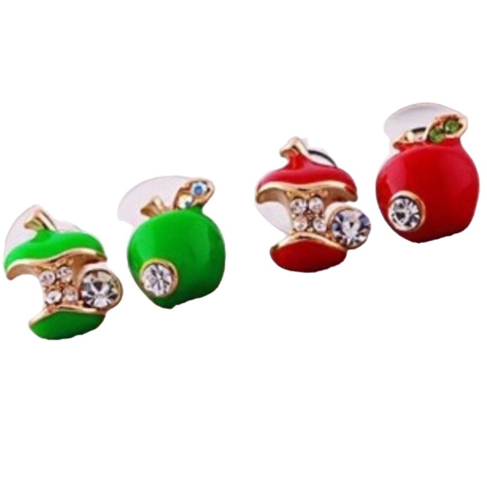**NEW Gorgeous Charming Red / Green Enamel Encrusted APPLE Earrings Asymmetrical